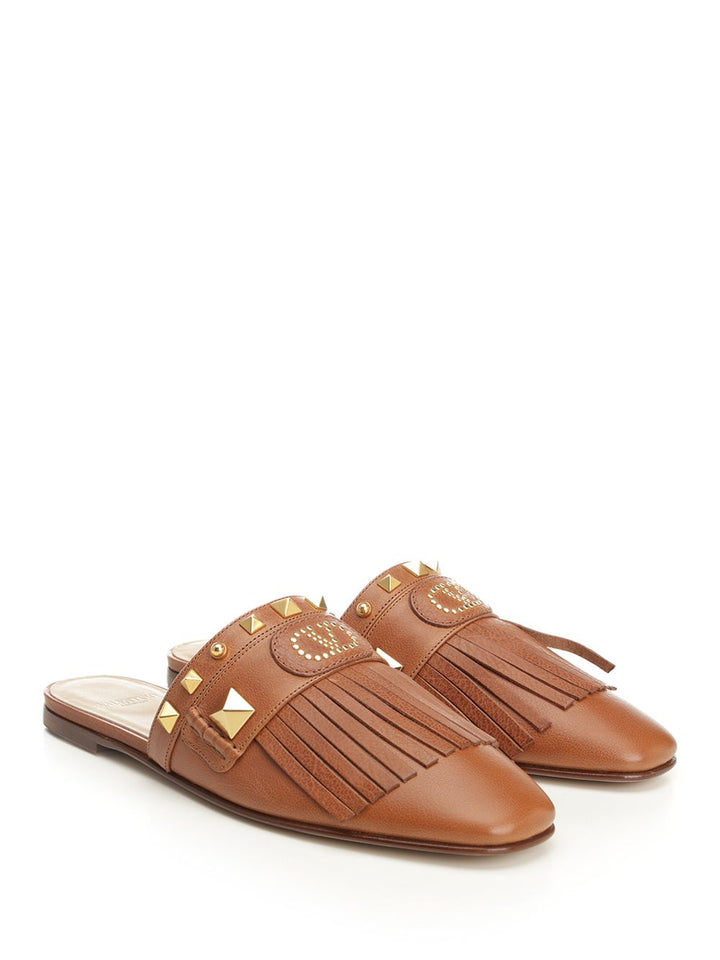 Valentino Garavani Leather Clog With Fringes Sandals - Brown | 2763e13ef2319a389d9547e409c994f4209ee88a