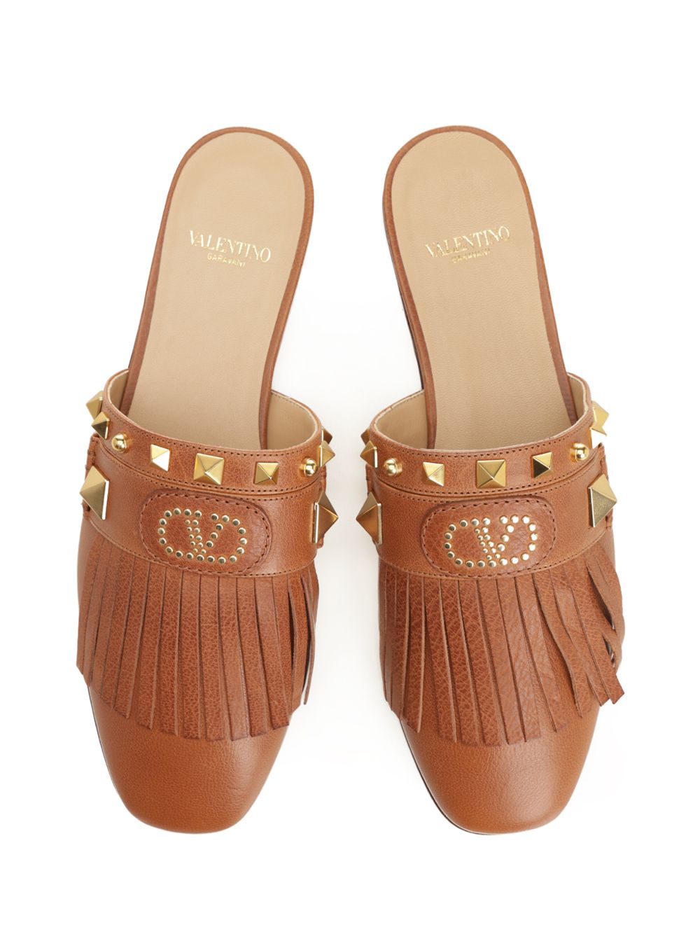 Valentino Garavani Leather Clog With Fringes Sandals - Brown | 7040222d726abc6a4cfd149e099ed8c8b8e843ca