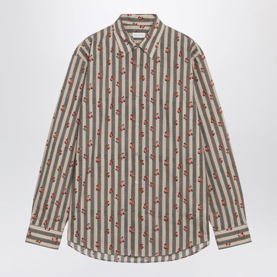 Beige Striped Cotton Shirt With Floral Print