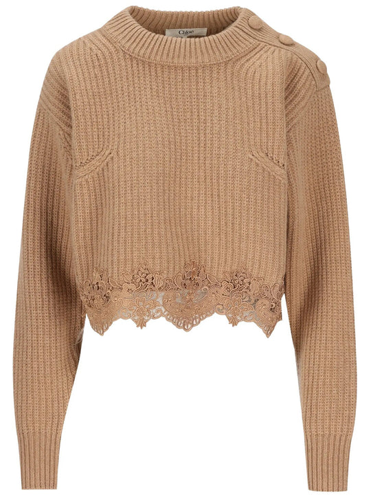 Short Turtleneck Sweater In Wool And Cashmere Knit With Lace