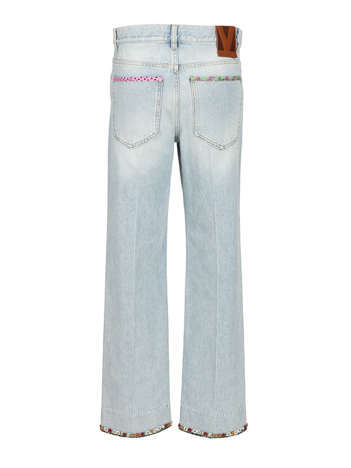 Valentino Garavani Denim Trousers With Embroidered Flower Trim Jeans - Blue | 3d4fe2da8329b977088562f6ac4c29bfdc4e5401