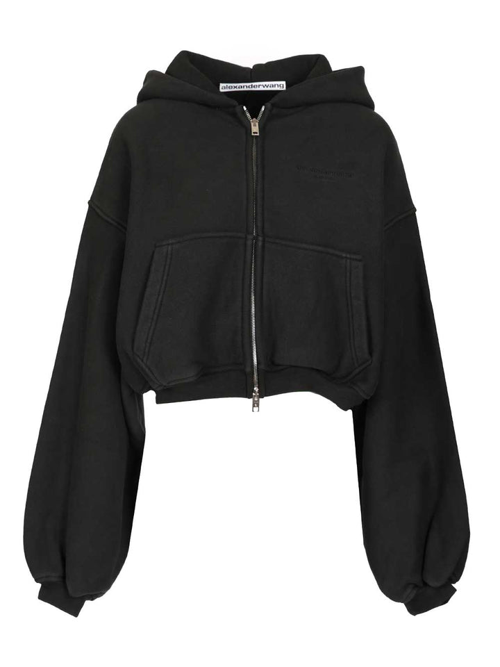 Alexander Wang Oversized Cropped Hoodie Sweatshirts - Black | 9dc01664e0b010013f702756e16b20426ab79d9c