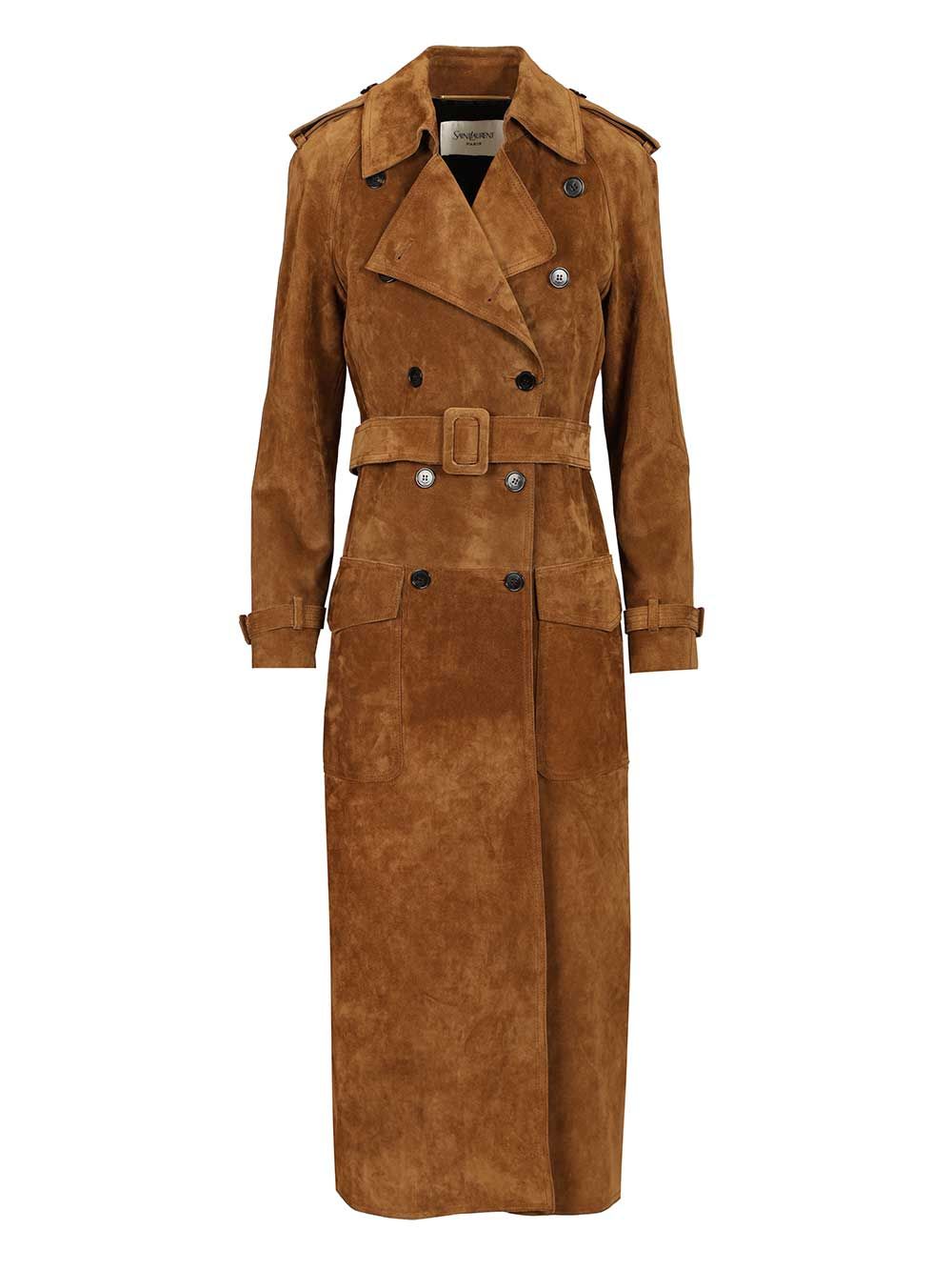 Saint Laurent Suede Trench Coat Coats - Brown | 5341f67d15a87c03f33038763b96dddebbb5c9d8
