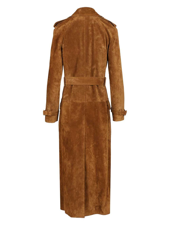 Saint Laurent Suede Trench Coat Coats - Brown | 7c478b0e18664b0908c3d2174e7525f0b58ce9c9