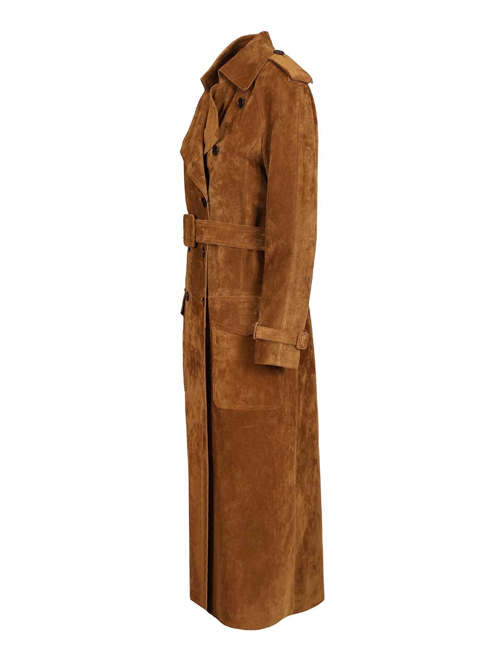 Saint Laurent Suede Trench Coat Coats - Brown | 36b4c3324ad4623238c3e557c3362ffeb0c699d3