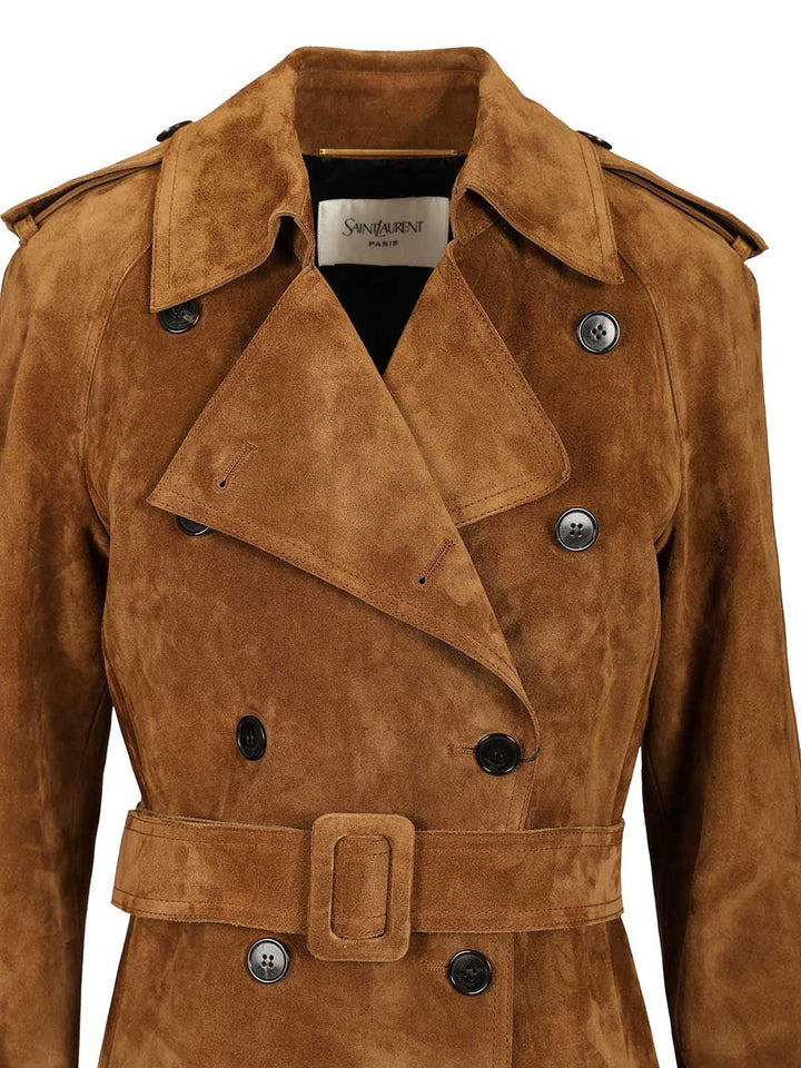 Saint Laurent Suede Trench Coat Coats - Brown | ce0ceb6ed834bbca994193538d4494c2311b38ac