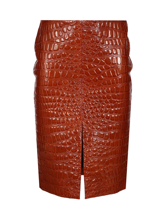 Crocodile Embossed Leather Skirt Skirts Brown