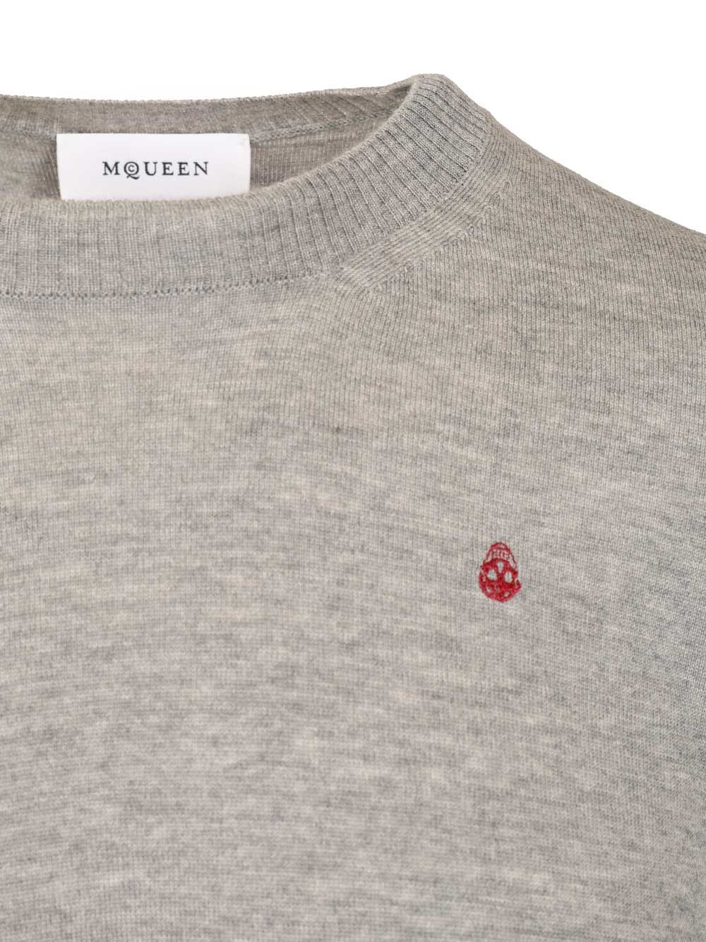 Mcqueen Sweater With Reverse Skull Motif Embroidered Knitwear - Grey | 9263c019fdbf95710aef8cf7bb49c1a35ff9da46