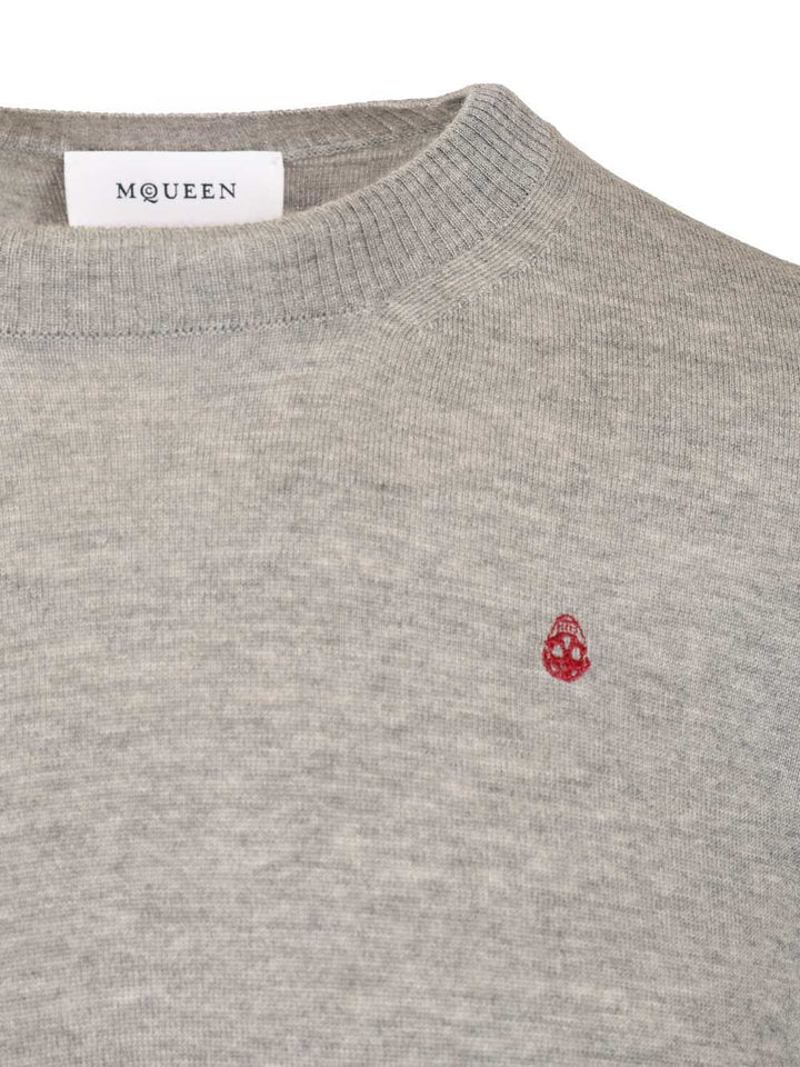 Mcqueen Sweater With Reverse Skull Motif Embroidered Knitwear - Grey | 9263c019fdbf95710aef8cf7bb49c1a35ff9da46