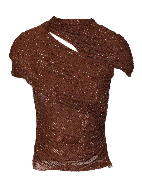 Rhinestone Knit Top Tops Brown