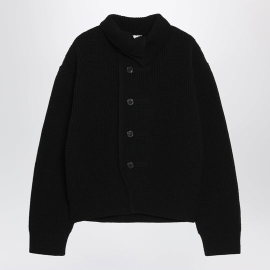 Black Waffle-Knit Wool Cardigan
