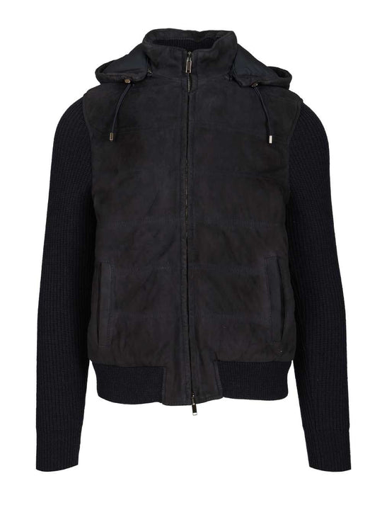 Hooded Bomber Jacket In Wool And Suede Jackets Blue