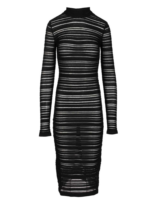 Semi-Sheer Striped Midi Dress Dresses Black