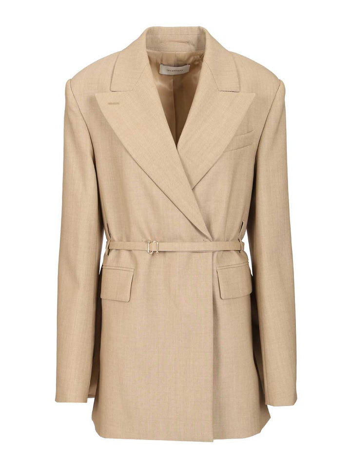 Sportmax Long Double-Breasted Wool Blazer Jackets - Beige | b759be2f66bd1f53680f347979c2484ea744ce8f