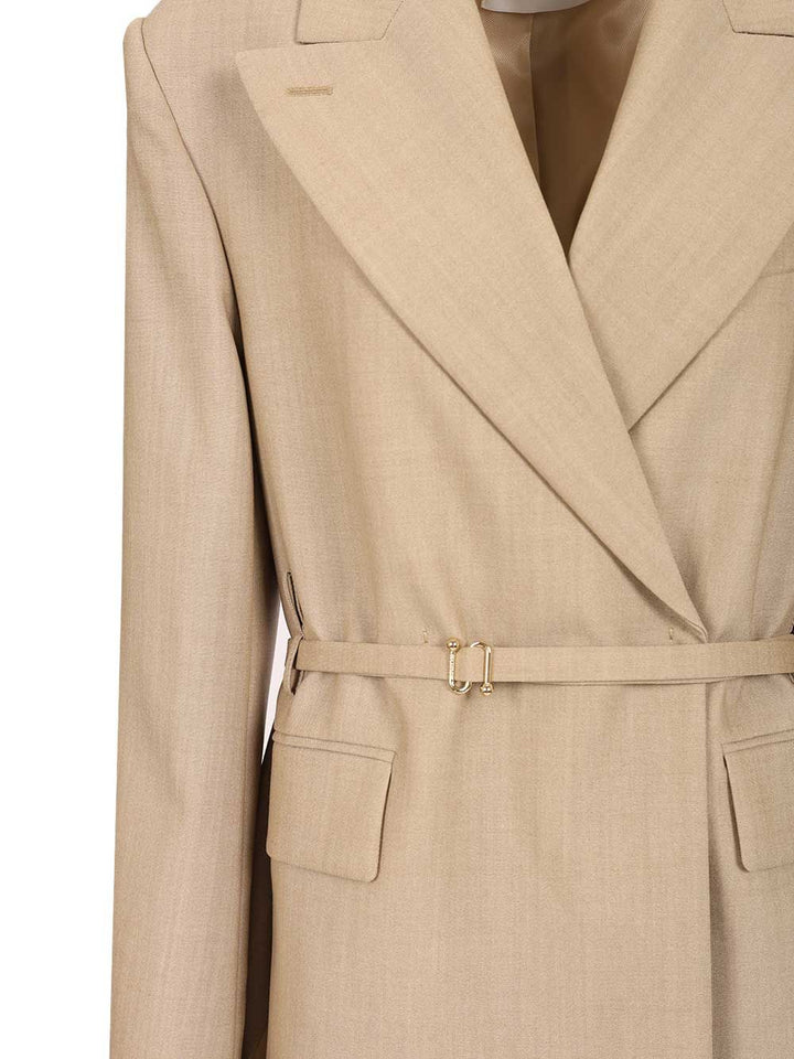 Sportmax Long Double-Breasted Wool Blazer Jackets - Beige | 87d15928825483fd8848ec21ab7bb1e65fcf8c29