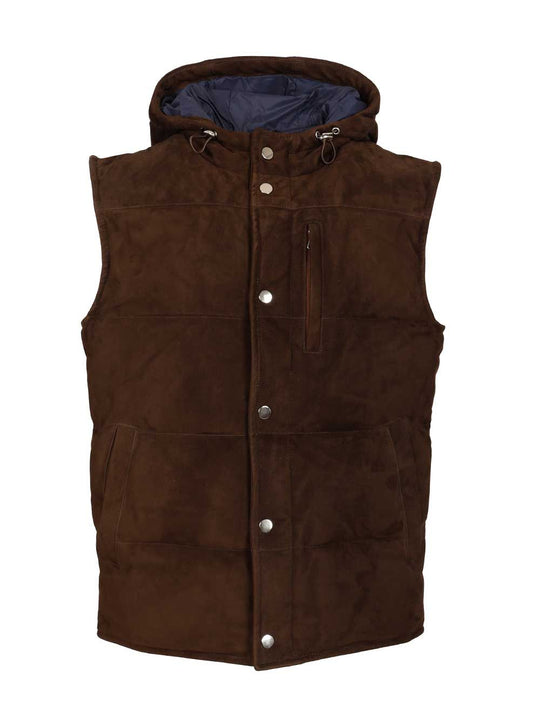 Suede Hooded Vest Jackets Brown