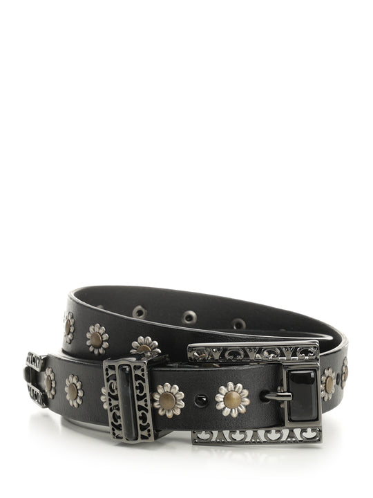 Leather Belt With Floral Studs Belts Black