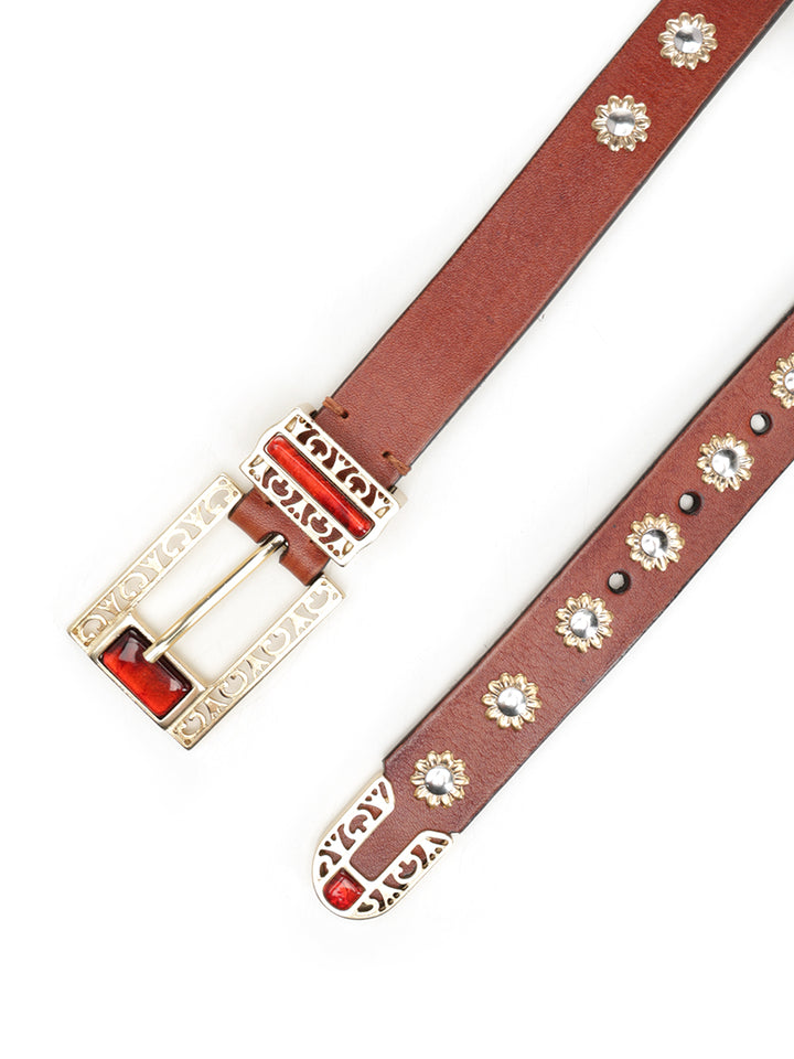 Golden Goose Deluxe Brand Leather Belt With Floral Studs Belts - Brown | 271e239dad8f43b356e3b9b397bb4107235bb06e