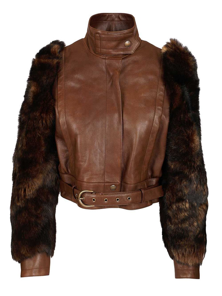 Chloe' Cropped, High-Necked Jacket Jackets - Brown | 128c417afb31b59bb3471ede34f5a487f5baf080