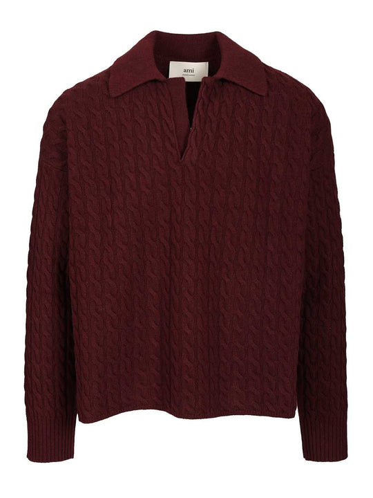 Cable-Knit Polo Shirt Knitwear Bordeaux