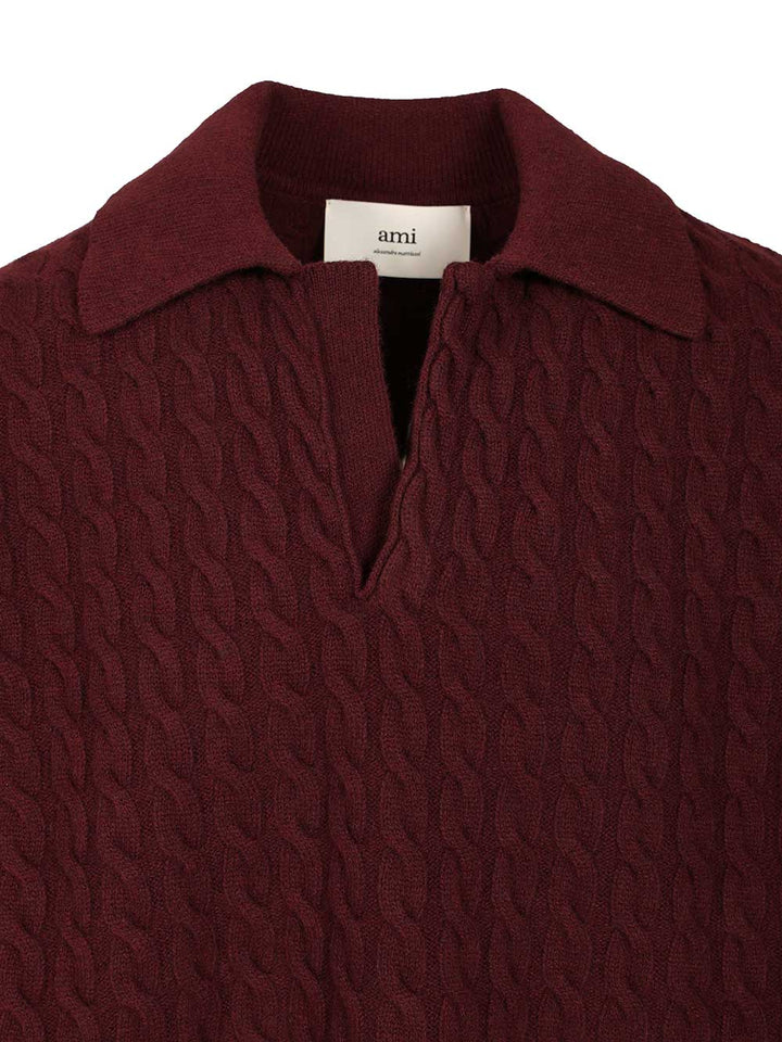 Ami Cable-Knit Polo Shirt Knitwear - Bordeaux | 8c8ac11bf697d2308d6ad997390773ad8c25a5da