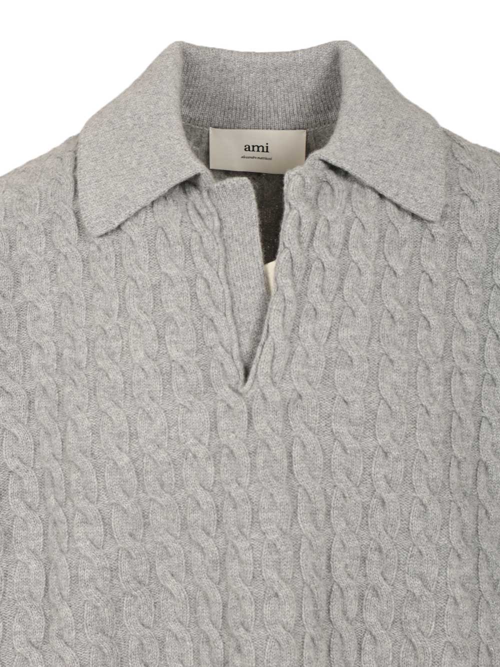 Ami Cable-Knit Polo Shirt Knitwear - Grey | 94d83f7425c5c3c067ca8d66db14bf83735ce41e