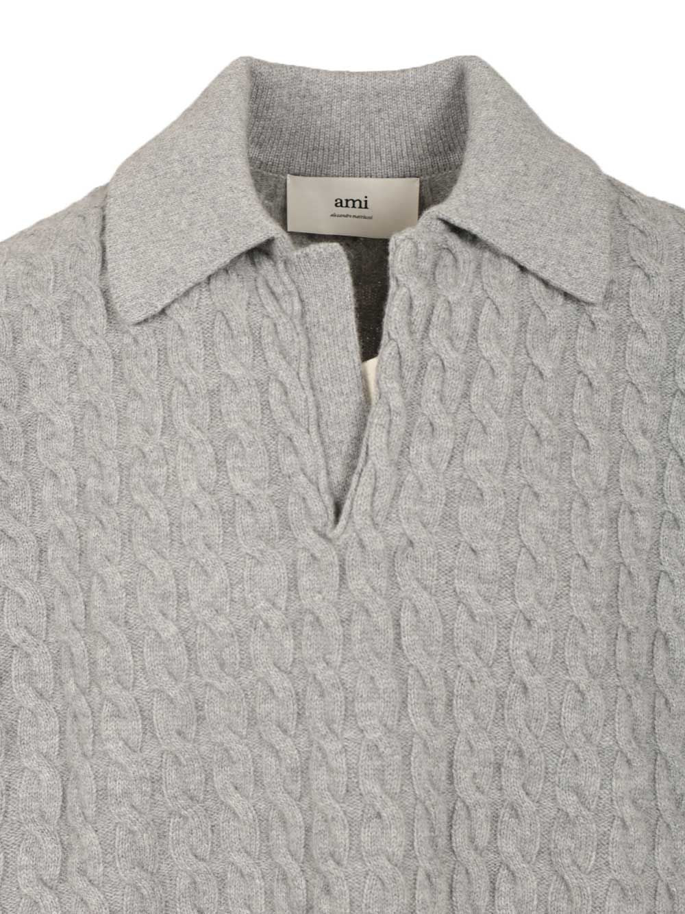 Ami Cable-Knit Polo Shirt Knitwear - Grey | a38cca632fe7602a80ca24f43836b9eede9e49d9