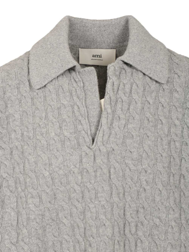 Ami Cable-Knit Polo Shirt Knitwear - Grey | a38cca632fe7602a80ca24f43836b9eede9e49d9