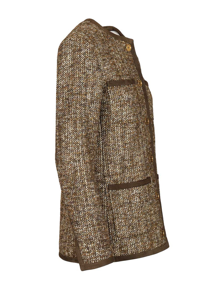 Golden Goose Deluxe Brand Long Boxy Tweed Blazer Jackets - Brown | c9e17ff3e9b008d58934a2dcf74da28d26ede186