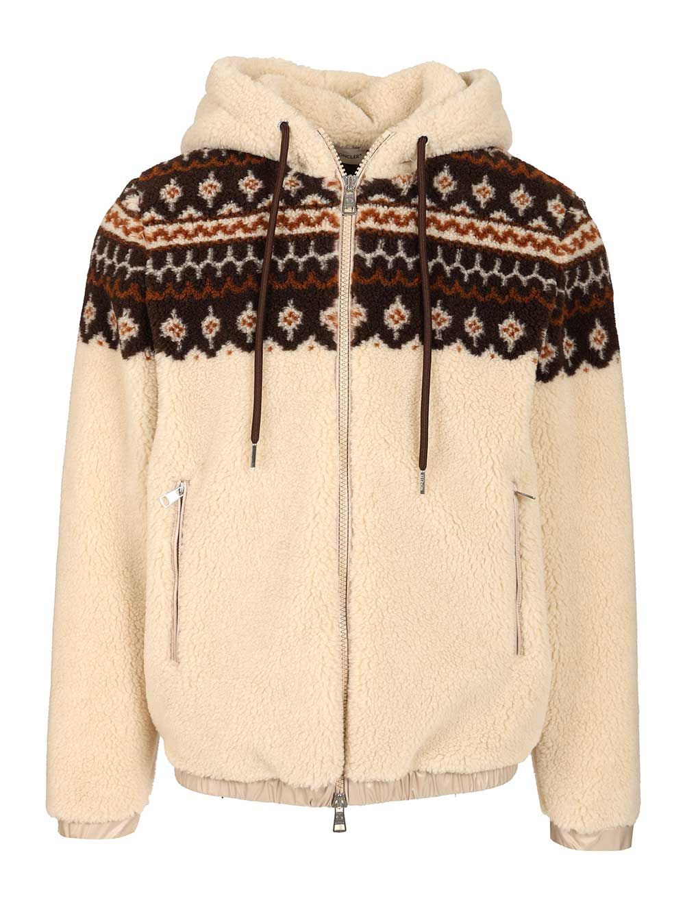 Moncler Jacquard Wool Blend Hoodie Sweatshirts - Beige | 630854a6f7ac4827bf60f11fd7b87d47db3ee0c9