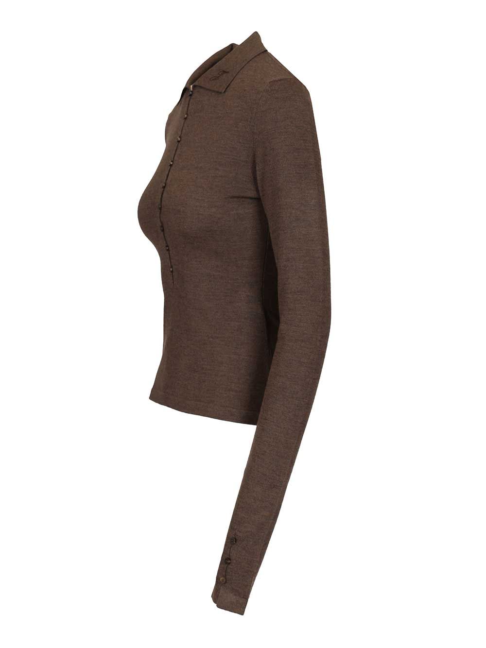 Jacquemus Long-Sleeved Merino Wool Polo Shirt Knitwear - Brown | 15527fc70fc84d9e555cfbc8537e70f6541cb6bc