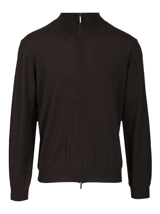 Zip-Up Cardigan Knitwear Brown