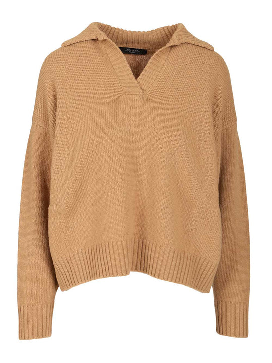 Wool Yarn Polo Shirt Knitwear Brown