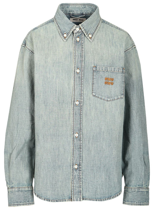Long-Sleeved Chambray Denim Shirt Casual Light Blue