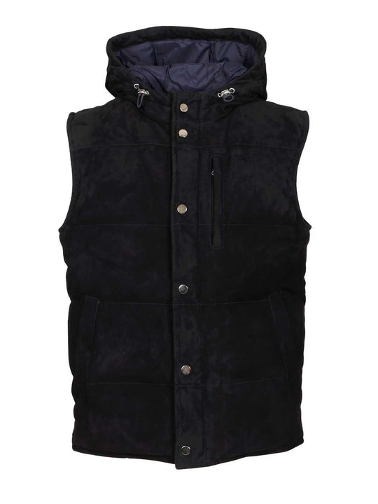 Suede Hooded Vest Jackets Blue