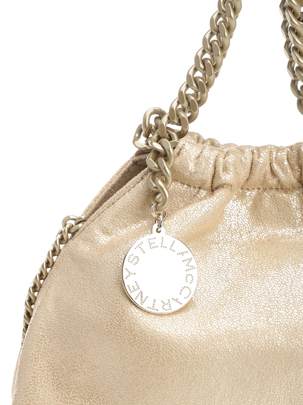 Stella Mccartney Falabella Mini Drawstring Bag Eco Shiny Dotted Chamois W/Tonal Chain - Airlite Shoulder Bags - Gold | 48179c569f3258e830519d7810608ea765becf5f
