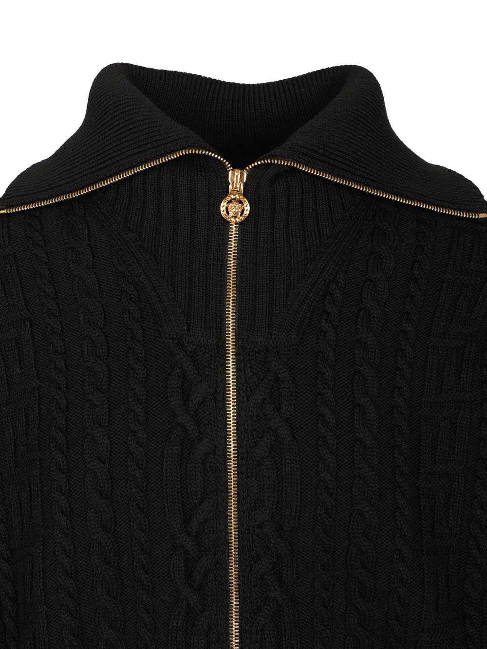Versace Zip-Up Sweater With Embroidery Knitwear - Black | 52bdd2b5c4e5da9ccbe22ee2d071a38ddd5b940c