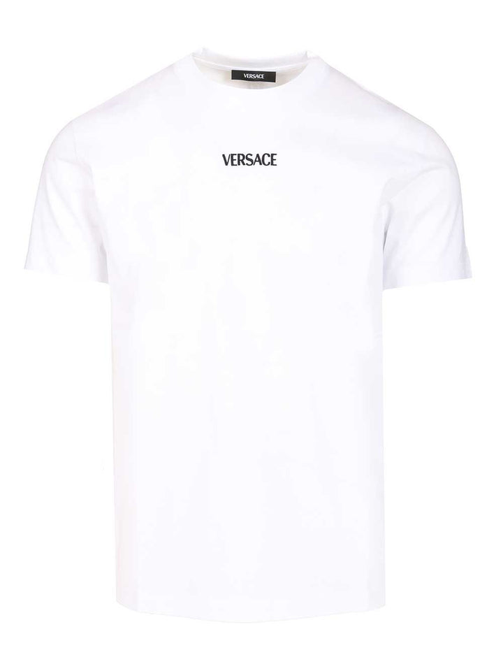 Versace Cotton Jersey Fabric + Versace Writing Embroidery T-Shirt - White | 97144c33e6fc5a59fcd91314e2d137ba1b4d6150