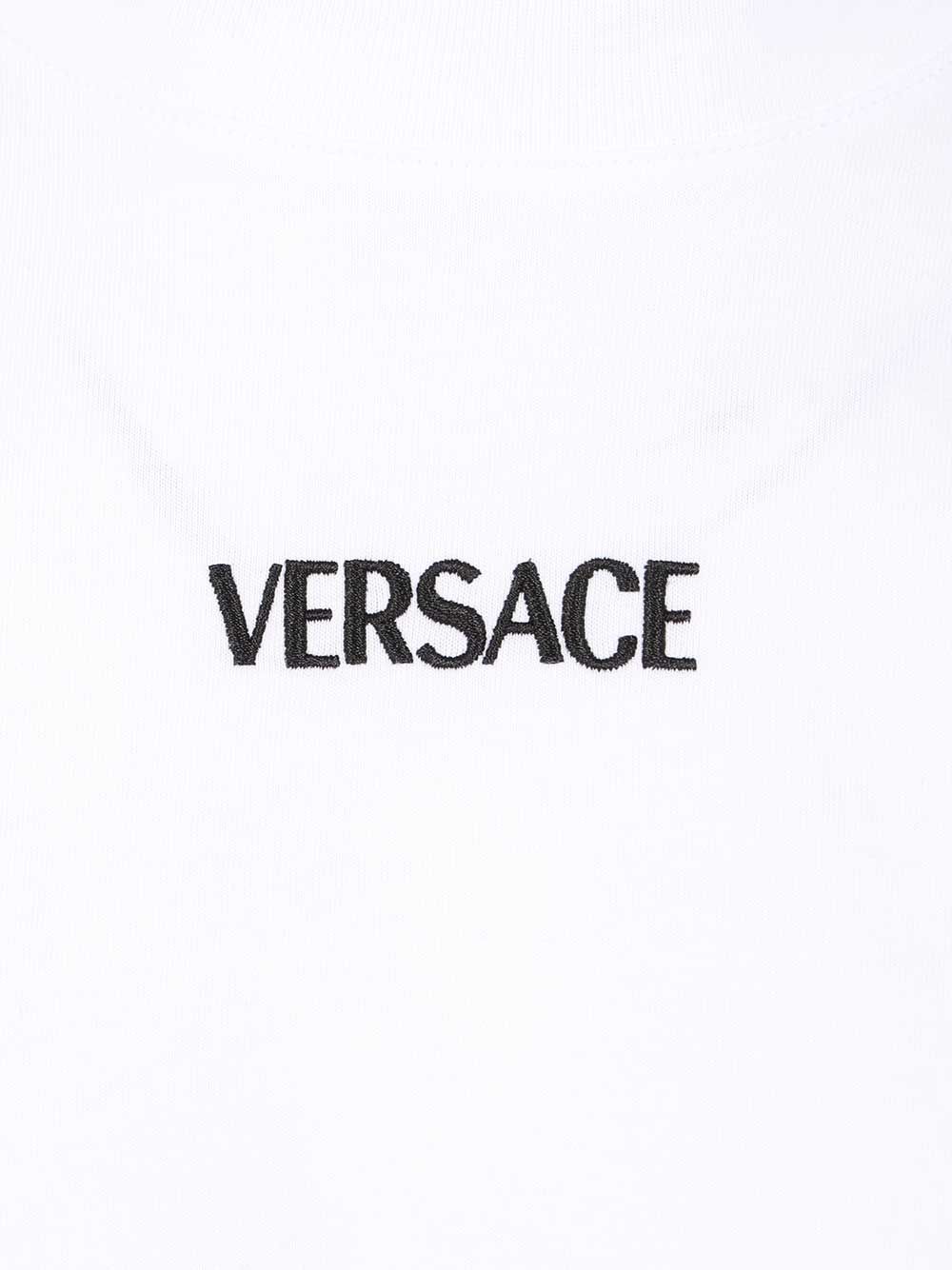 Versace Cotton Jersey Fabric + Versace Writing Embroidery T-Shirt - White | a88dff8b6381a0f4cc664744ec66c41dcd474774