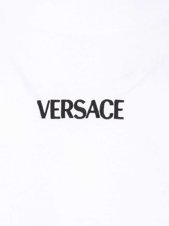 Versace Cotton Jersey Fabric + Versace Writing Embroidery T-Shirt - White | a88dff8b6381a0f4cc664744ec66c41dcd474774