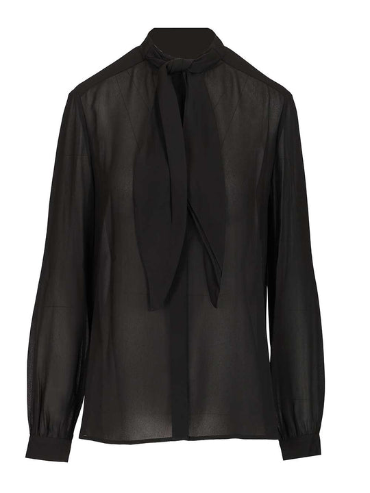 Georgette Bow Blouse Shirts Black