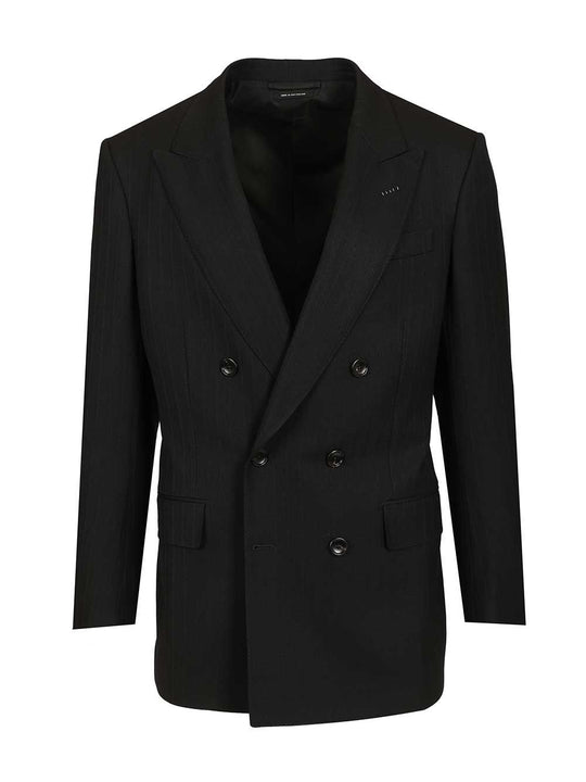 Solid Satin Stripe Double Breasted Jacket Jackets Black