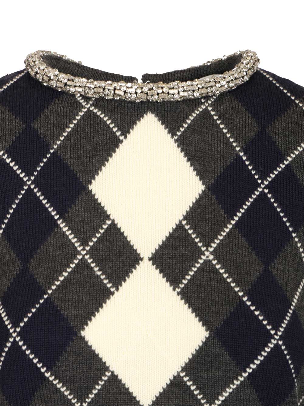 Self-Portrait Grey Argyle Crystal Trim Jumper Knitwear - Grey | 43933893ce90dae08aefd818cae4f7aadeacc7f5