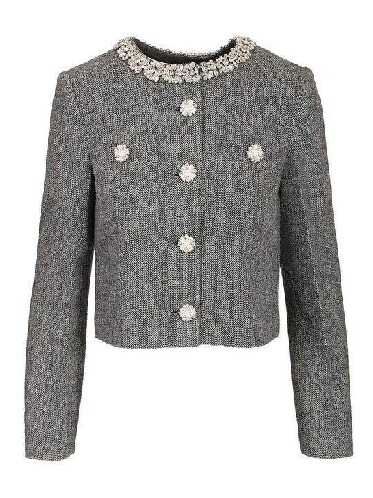 Grey Herringbone Crystal Trim Jacket Jackets Grey