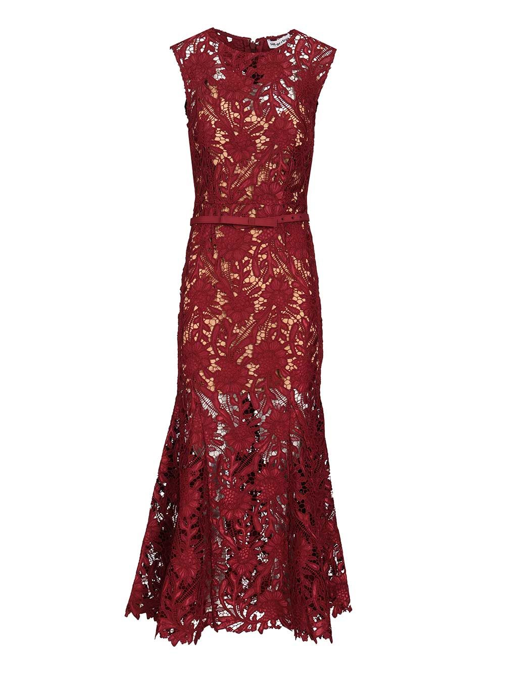 Self-Portrait Burgundy Guipure Lace Midi Dress Dresses - Bordeaux | 55197718456b4fd8d4bc28f8163a91d9d08e0692