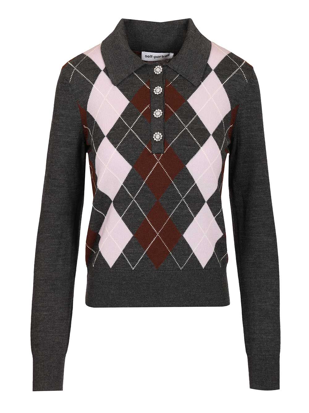 Self-Portrait Grey Argyle Lightweight Jumper Knitwear - Grey | cd1534d3ee1a6f2b0d5f7df72c3a1700335926f9