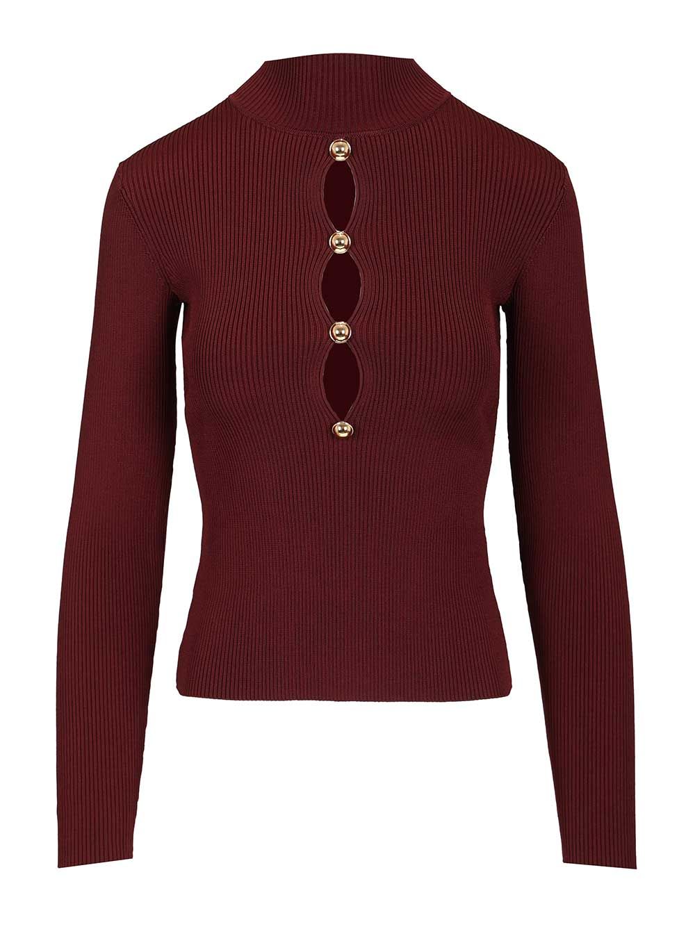 Self-Portrait Long-Sleeved Knitted Top With Keyhole Knitwear - Bordeaux | 66f7b5157ee8bbf71a8fe091897740170001cab8