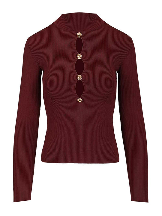 Long-Sleeved Knitted Top With Keyhole Knitwear Bordeaux