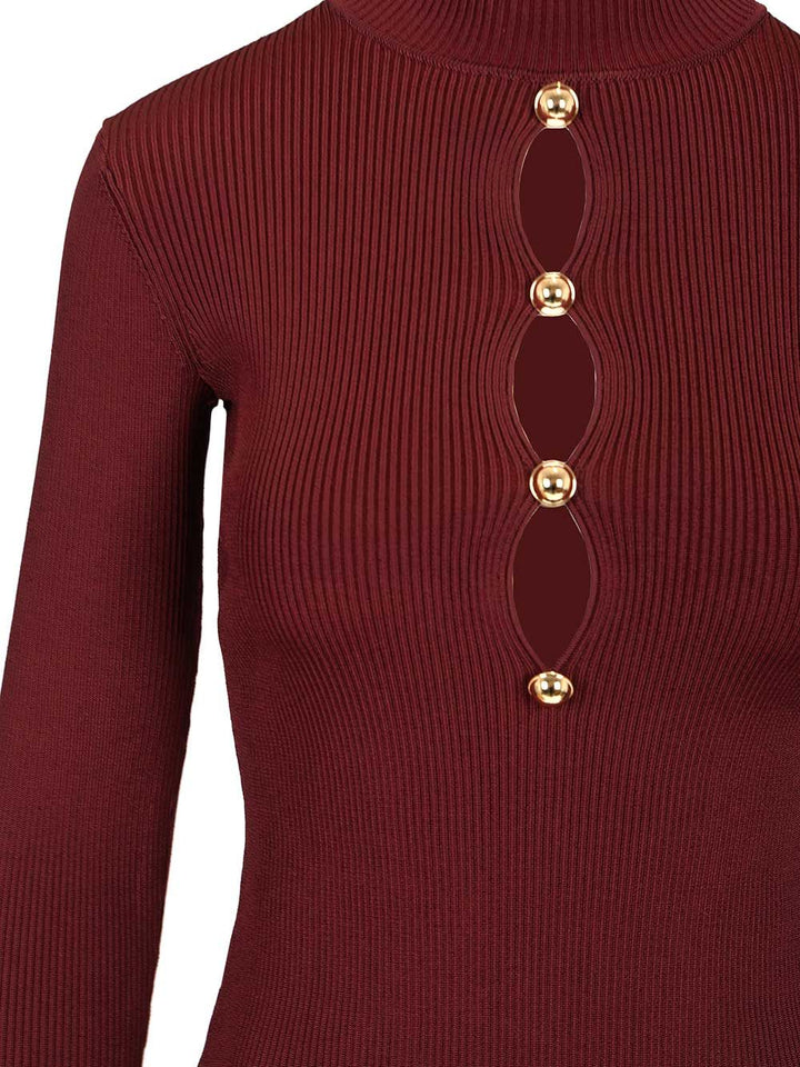 Self-Portrait Long-Sleeved Knitted Top With Keyhole Knitwear - Bordeaux | fb5cfc8b9a4324033809b88dd4e0f6d03090ebb2
