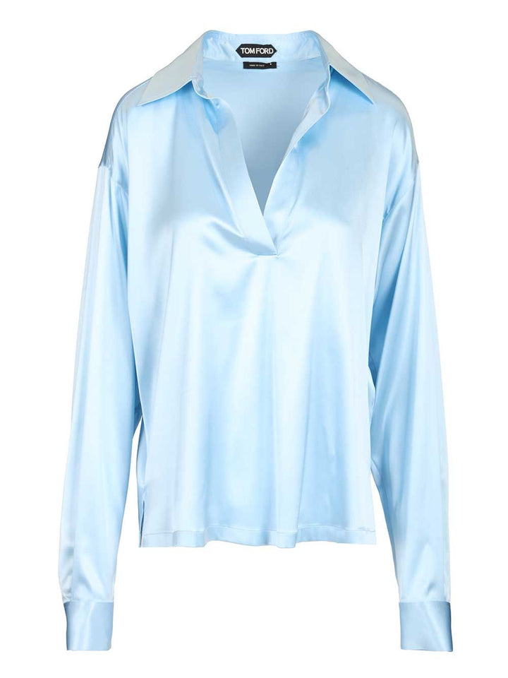 Tom Ford Stretch Silk Satin Polo Shirts - Light blue | 0e39134a411fe1c16f23eb27d2e1a06ea3f73c37